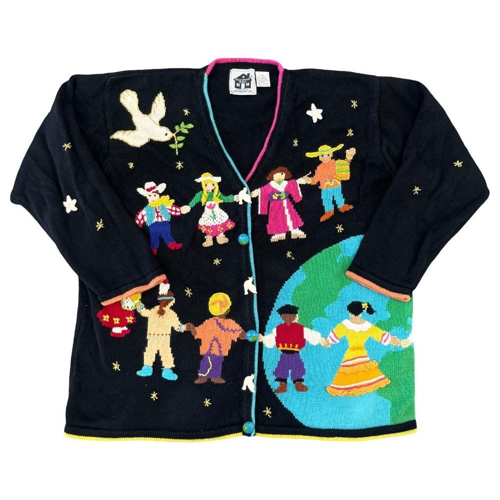 Storybook Knits Peace LOVE 1X Diversity KIDS AROUND THE WORLD Cardigan Sweater